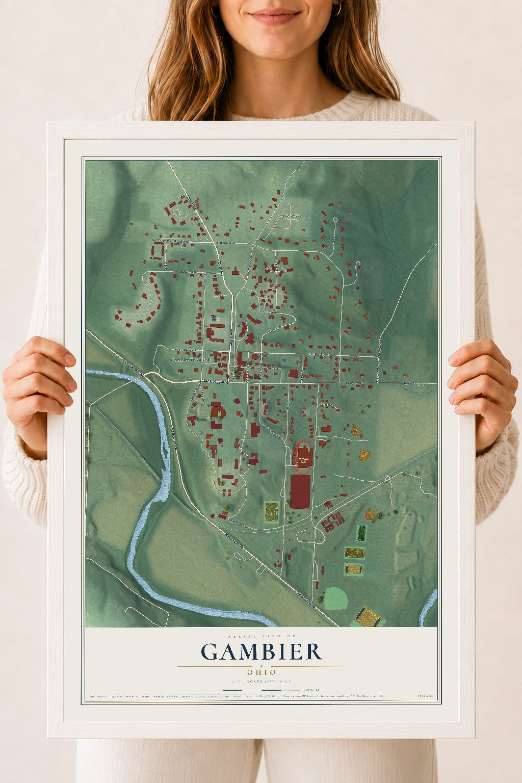 Map of Gambier, Ohio, 18 x 24 inch print in a white wood frame