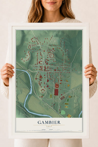 Map of Gambier, Ohio, 18 x 24 inch print in a white wood frame