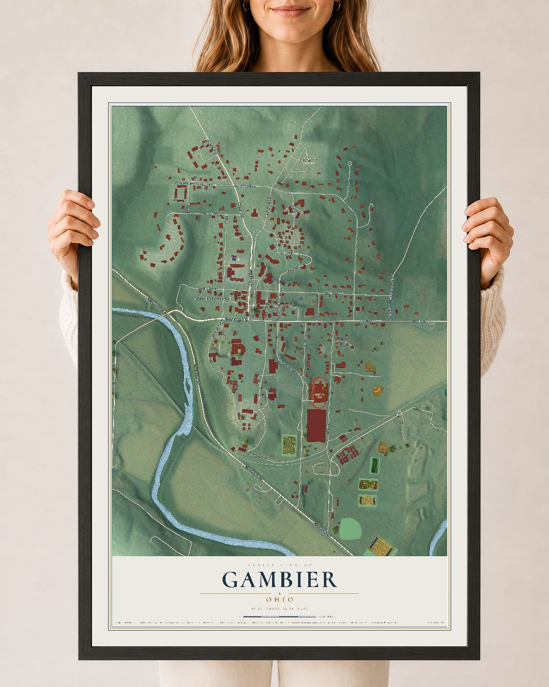 Map of Gambier, Ohio, 24 x 36 inch print in a black wood frame