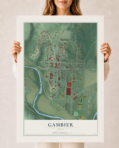 Map of Gambier, Ohio, 24 x 36 inch print in a white wood frame