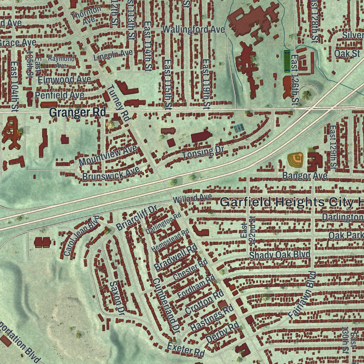 Close-up of the map of Garfield Heights, Ohio print showing street and building detail