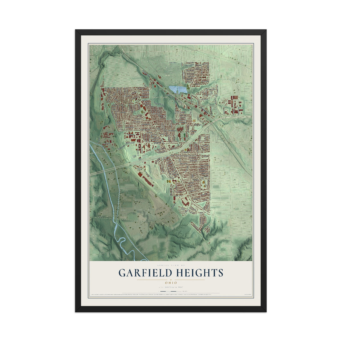 Map of Garfield Heights, Ohio, 12 x 18 inch print in a black wood frame