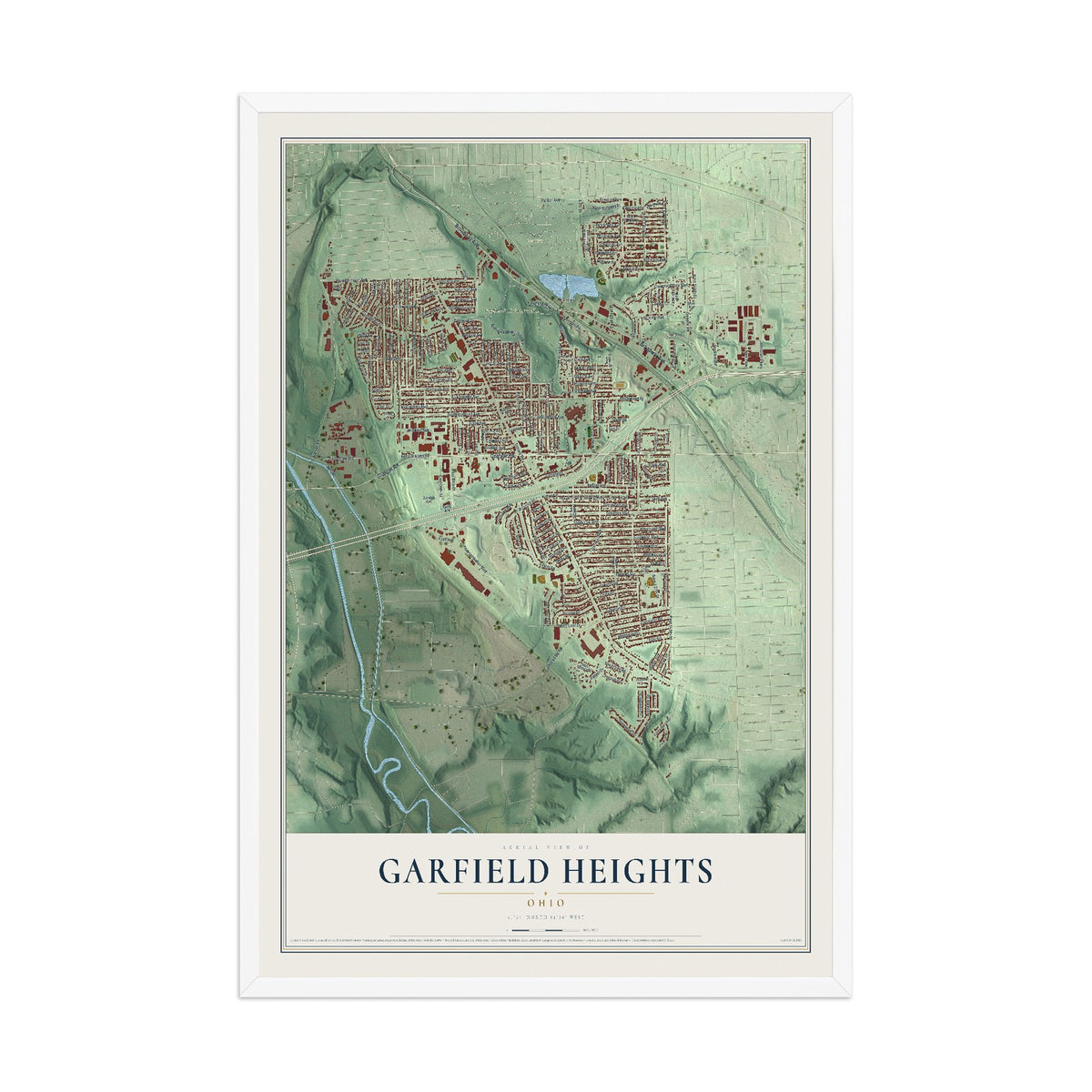 Map of Garfield Heights, Ohio, 12 x 18 inch print in a white wood frame