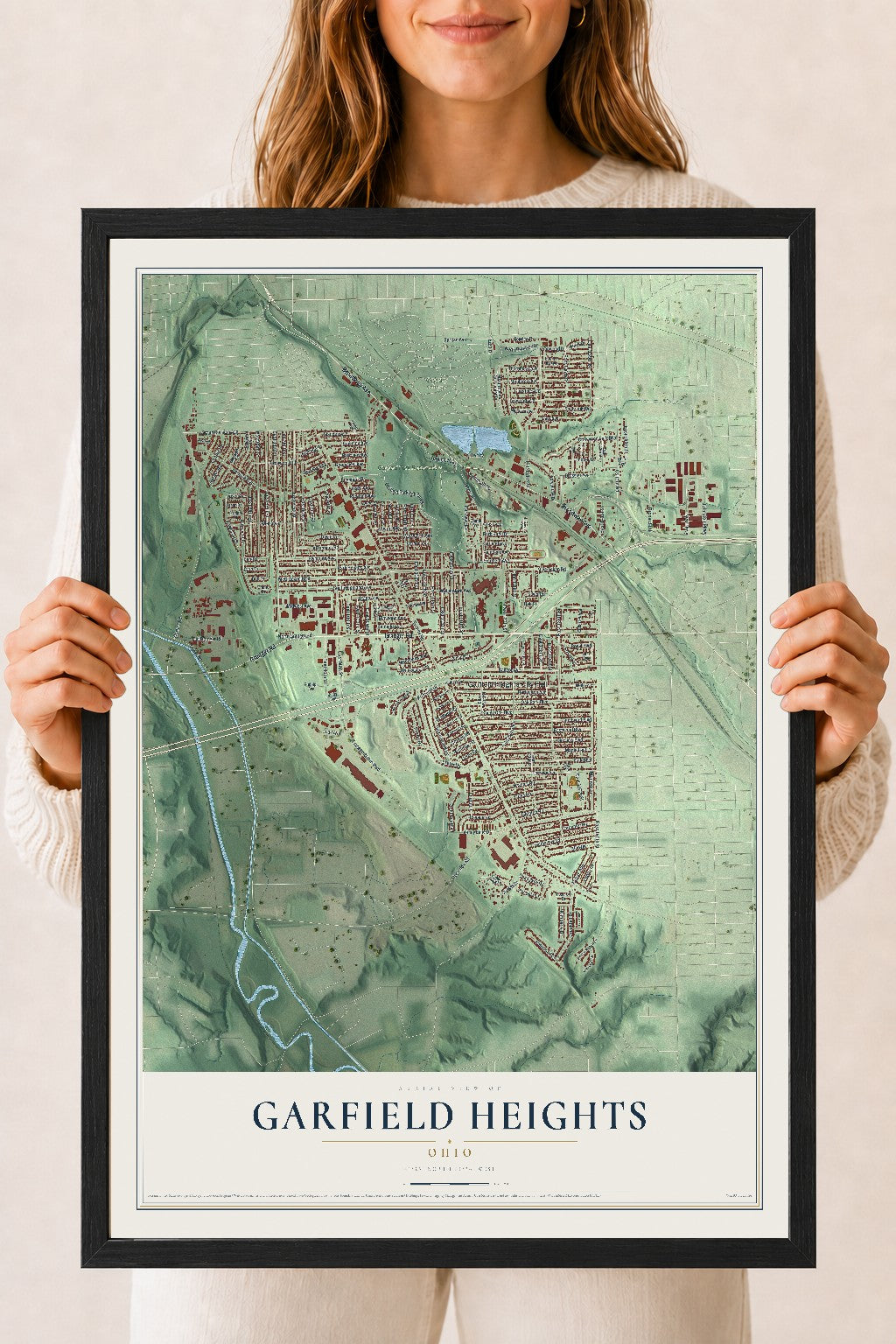 Map of Garfield Heights, Ohio, 18 x 24 inch print in a black wood frame