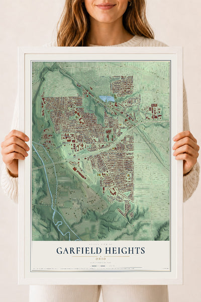 Map of Garfield Heights, Ohio, 18 x 24 inch print in a white wood frame