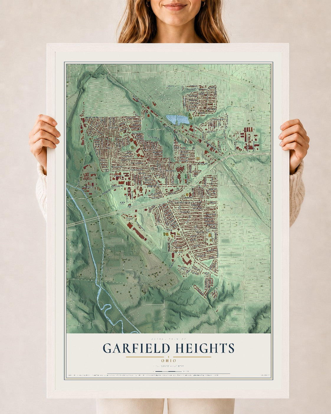 Map of Garfield Heights, Ohio, 24 x 36 inch print in a white wood frame