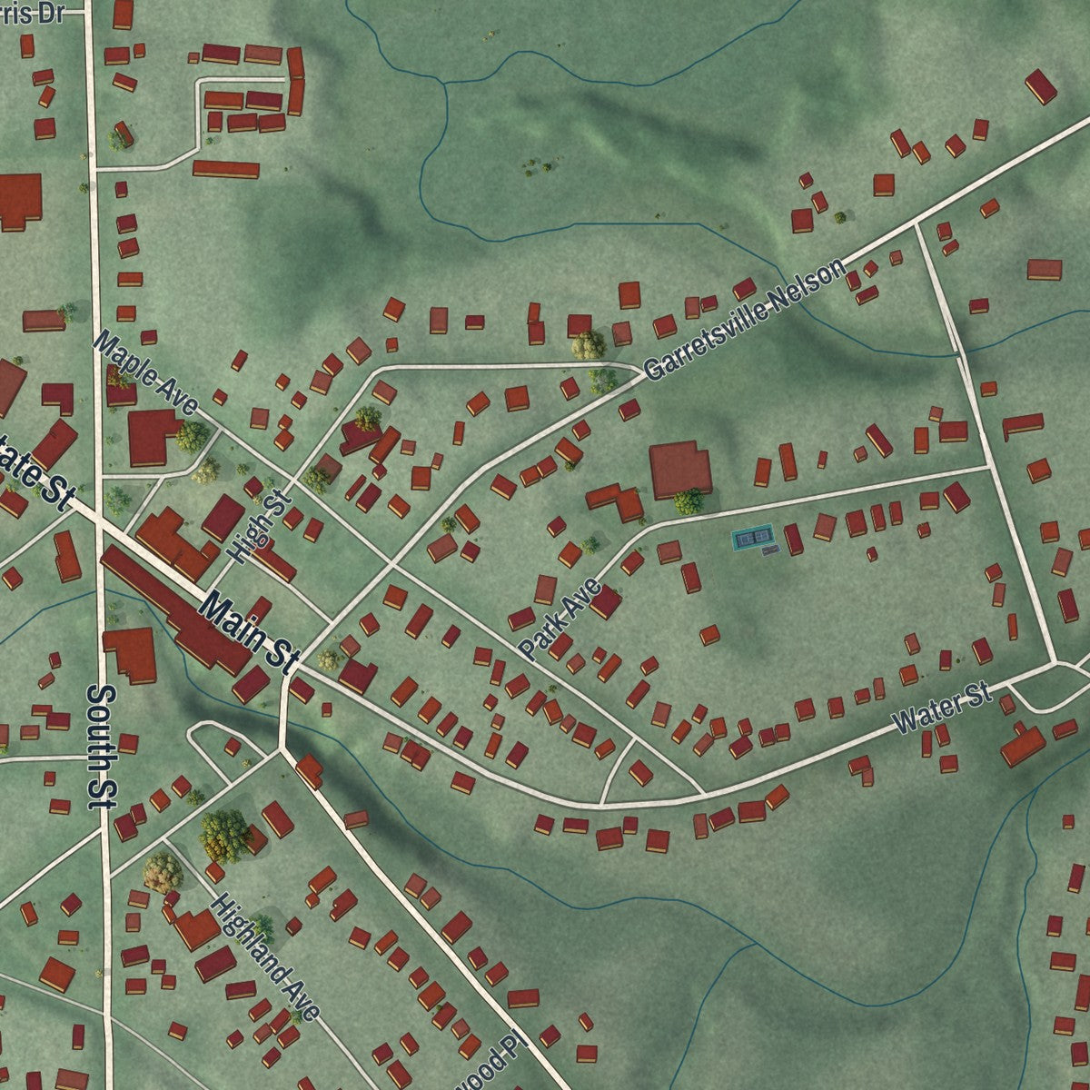 Close-up of the map of Garrettsville, Ohio print showing street and building detail