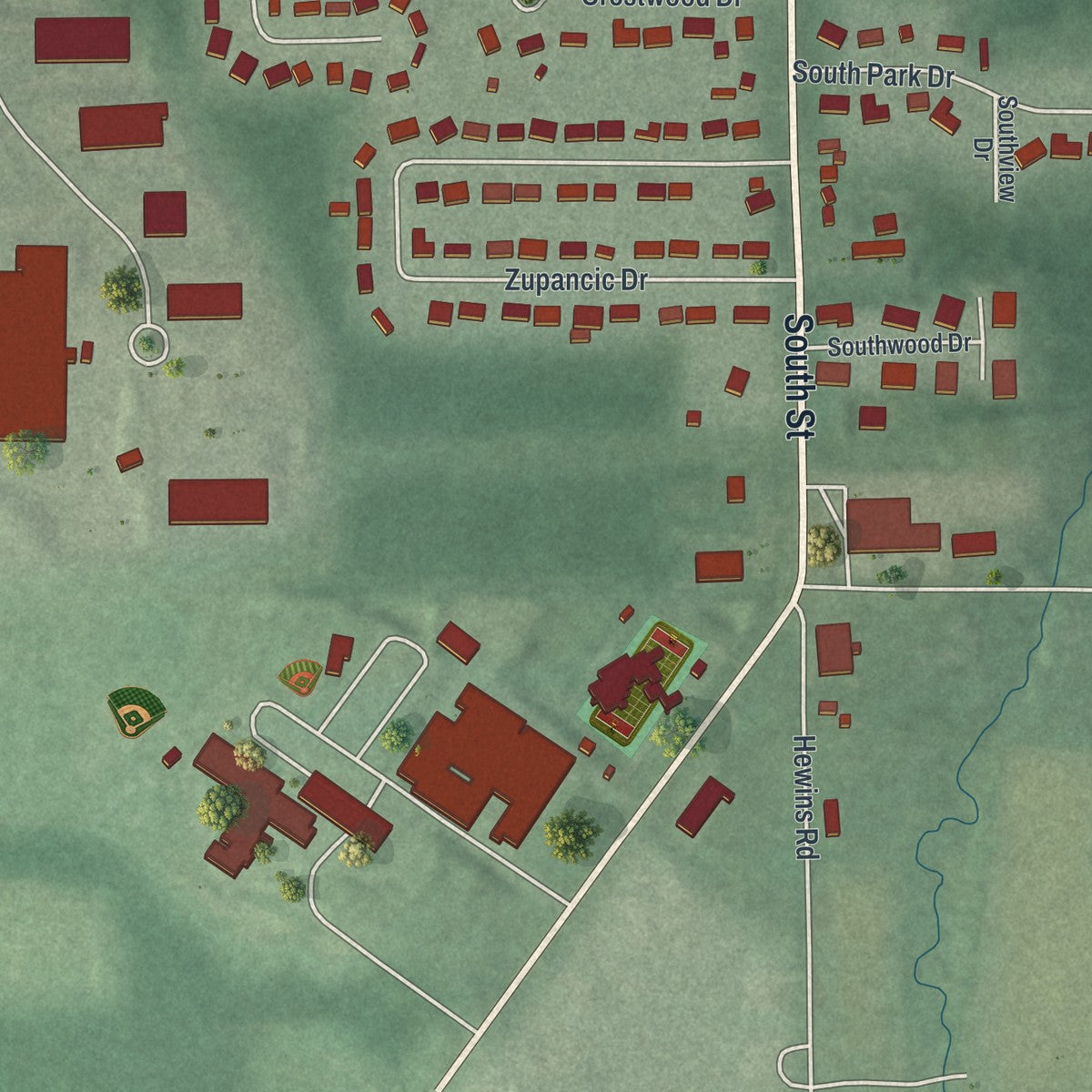 Second close-up of the map of Garrettsville, Ohio print showing more streets and buildings