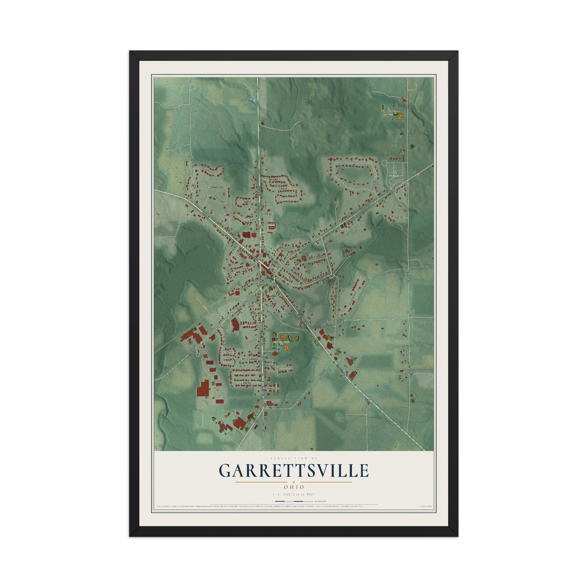Map of Garrettsville, Ohio, 12 x 18 inch print in a black wood frame