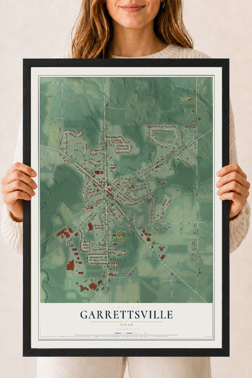 Map of Garrettsville, Ohio, 18 x 24 inch print in a black wood frame