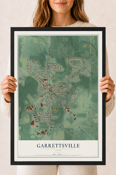 Map of Garrettsville, Ohio, 18 x 24 inch print in a black wood frame