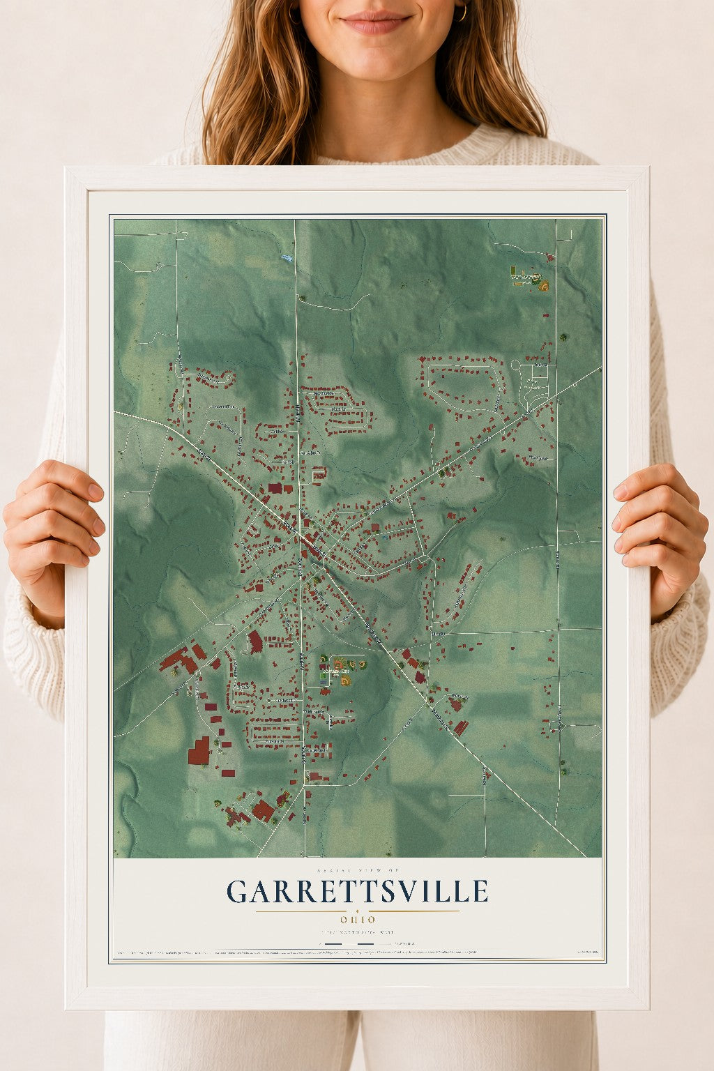 Map of Garrettsville, Ohio, 18 x 24 inch print in a white wood frame