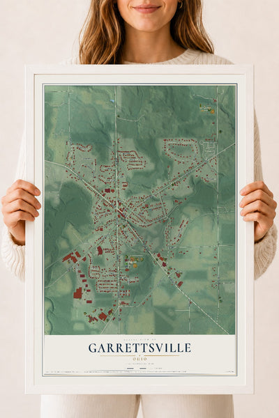 Map of Garrettsville, Ohio, 18 x 24 inch print in a white wood frame