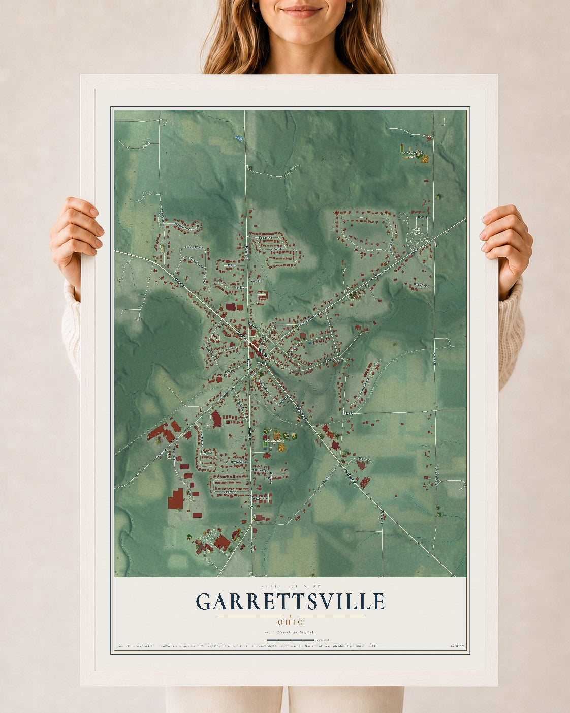Map of Garrettsville, Ohio, 24 x 36 inch print in a white wood frame