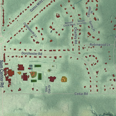 Close-up of the map of Gates Mills, Ohio print showing street and building detail