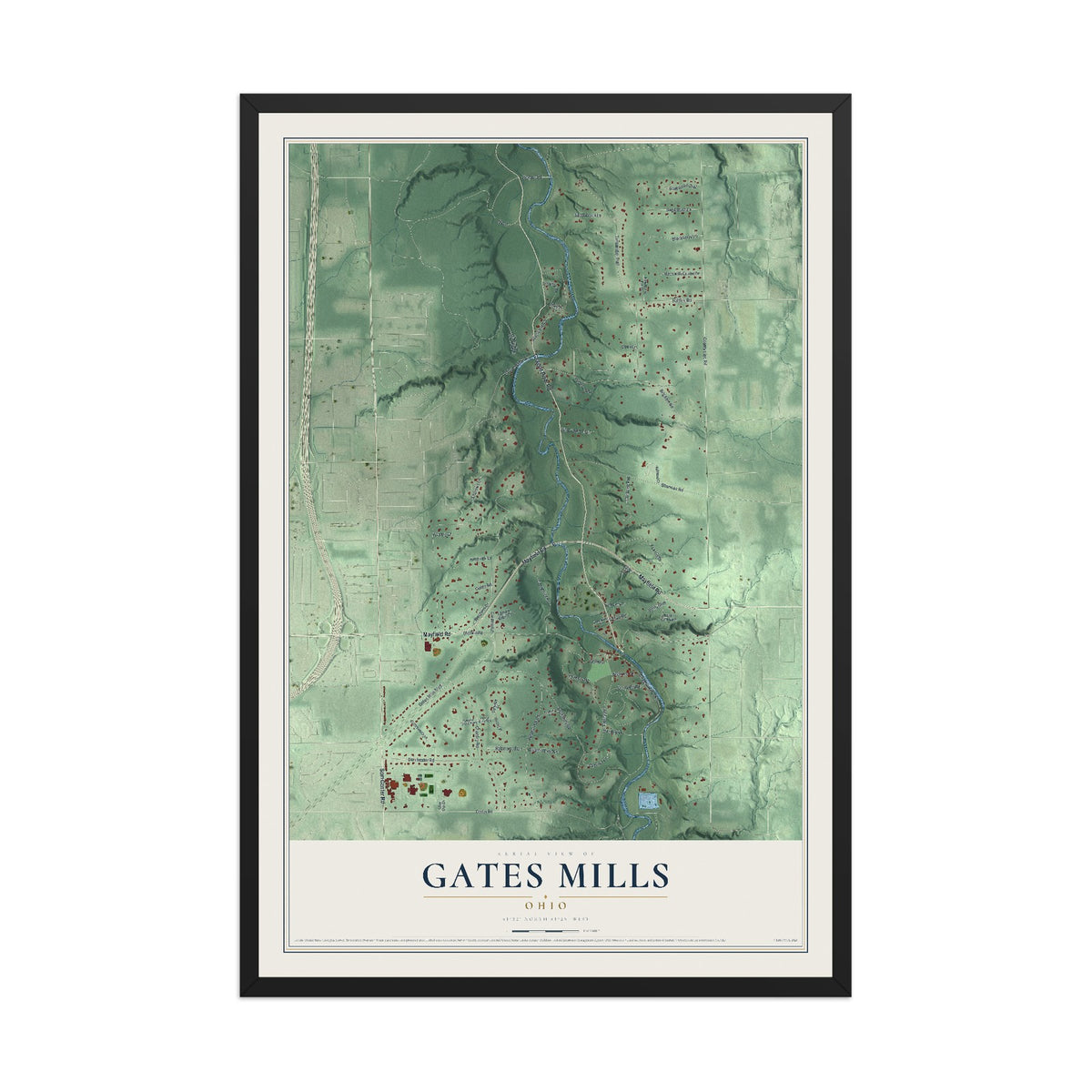 Map of Gates Mills, Ohio, 12 x 18 inch print in a black wood frame