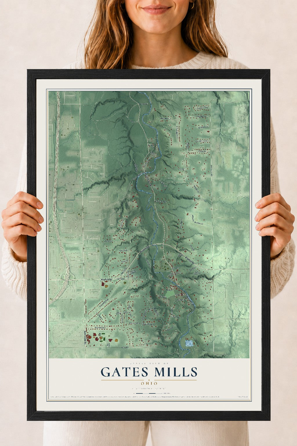 Map of Gates Mills, Ohio, 18 x 24 inch print in a black wood frame