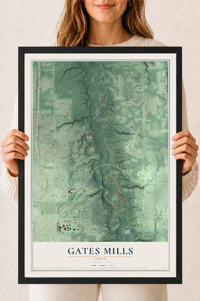 Map of Gates Mills, Ohio, 18 x 24 inch print in a black wood frame