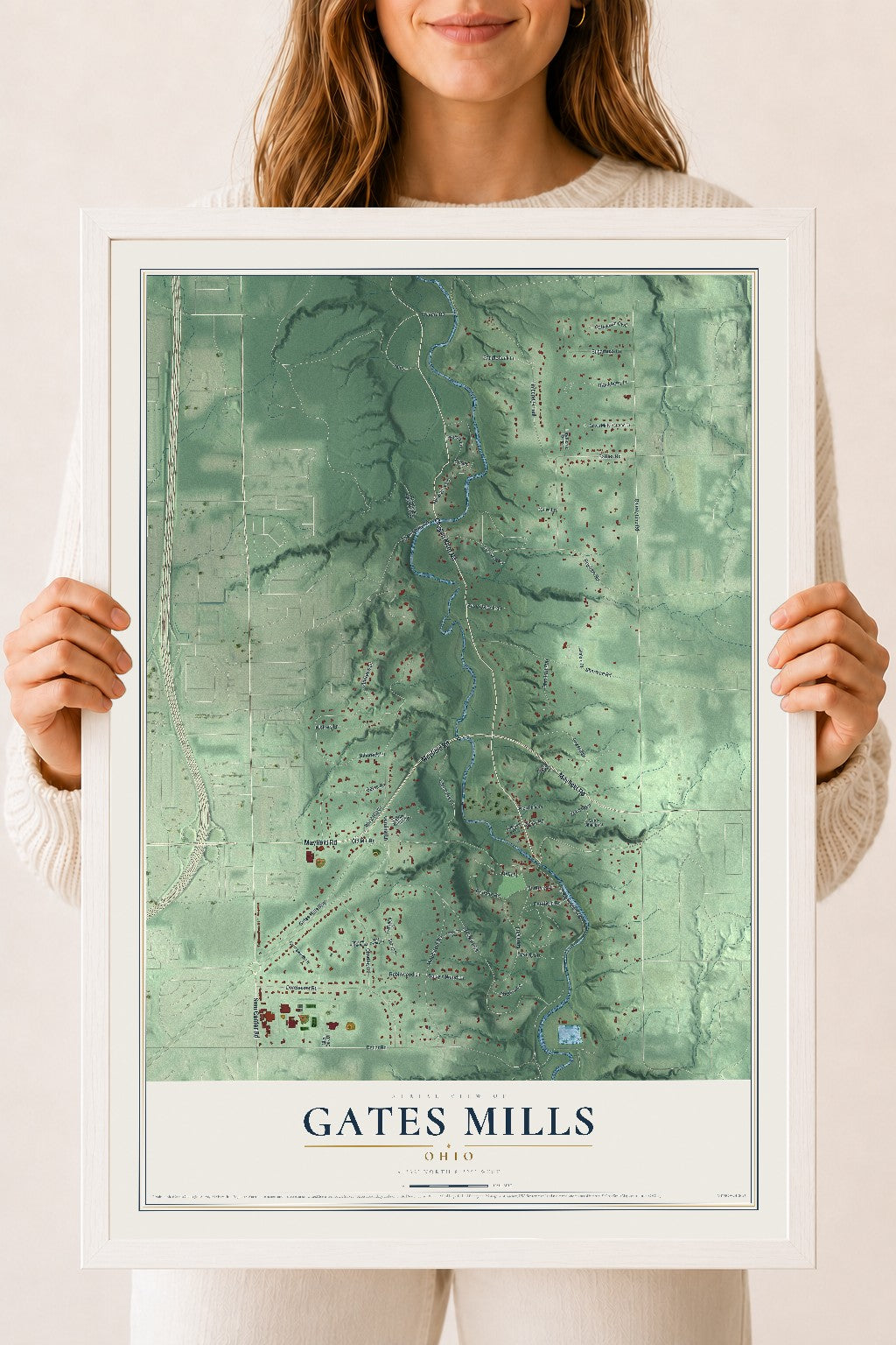 Map of Gates Mills, Ohio, 18 x 24 inch print in a white wood frame