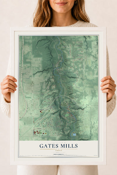 Map of Gates Mills, Ohio, 18 x 24 inch print in a white wood frame