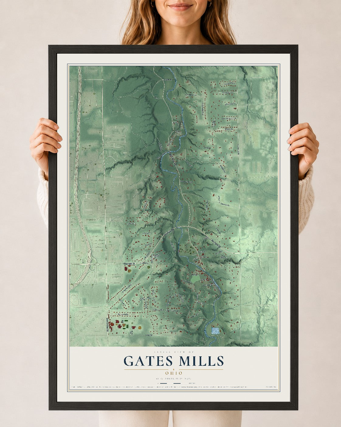 Map of Gates Mills, Ohio, 24 x 36 inch print in a black wood frame