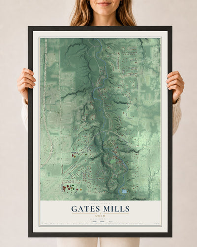Map of Gates Mills, Ohio, 24 x 36 inch print in a black wood frame