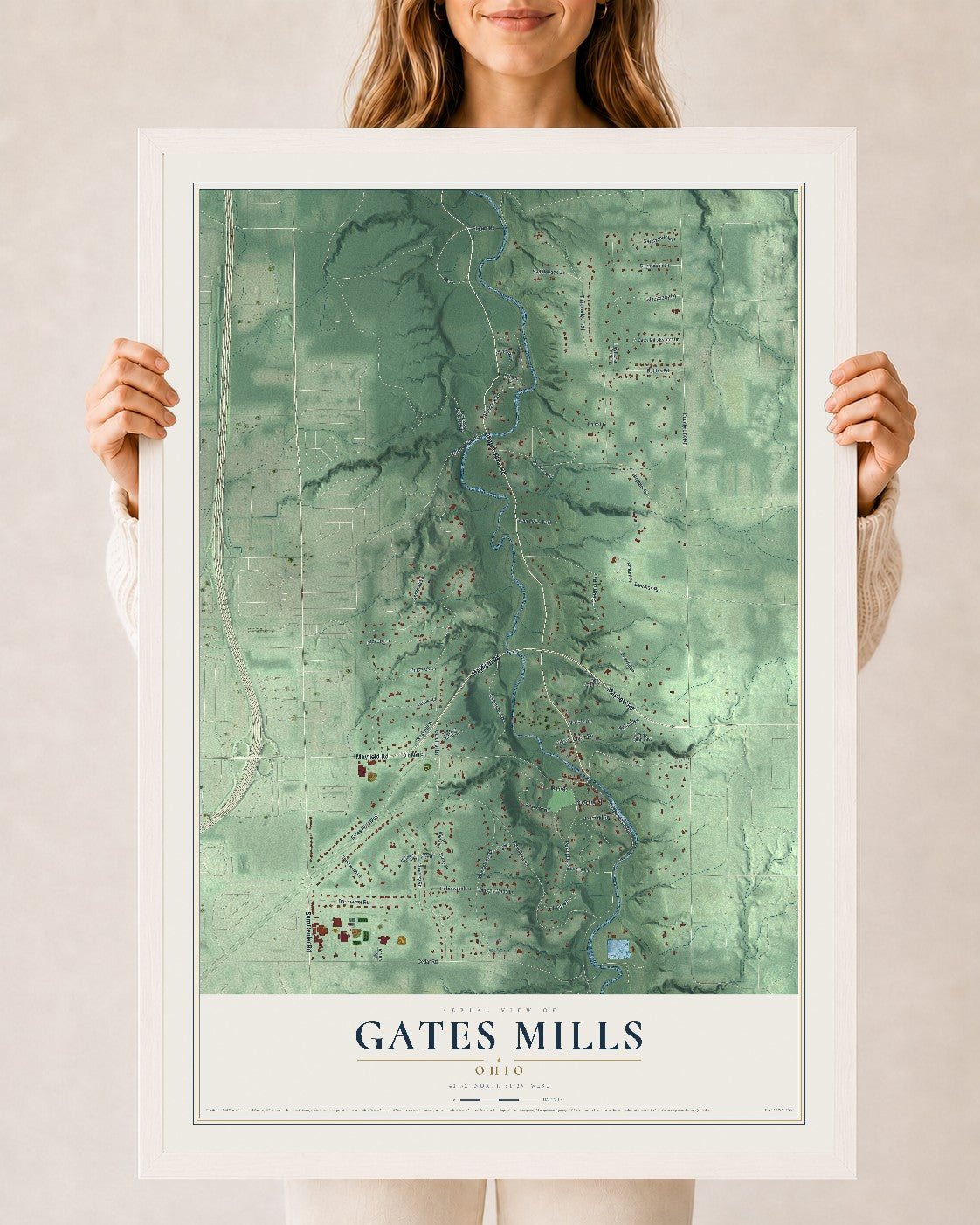 Map of Gates Mills, Ohio, 24 x 36 inch print in a white wood frame