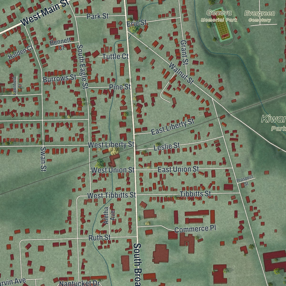 Close-up of the map of Geneva, Ohio print showing street and building detail