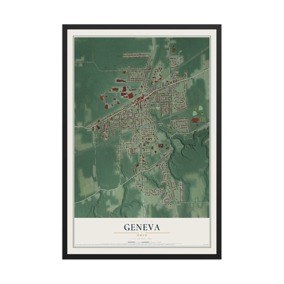 Map of Geneva, Ohio, 12 x 18 inch print in a black wood frame