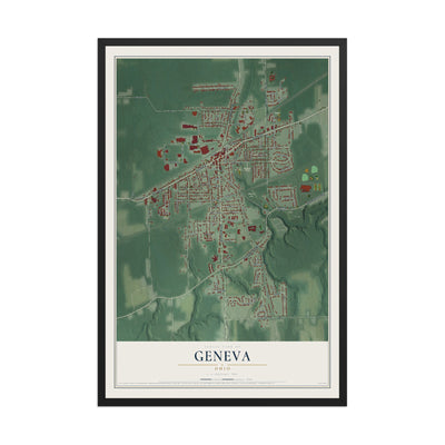 Map of Geneva, Ohio, 12 x 18 inch print in a black wood frame