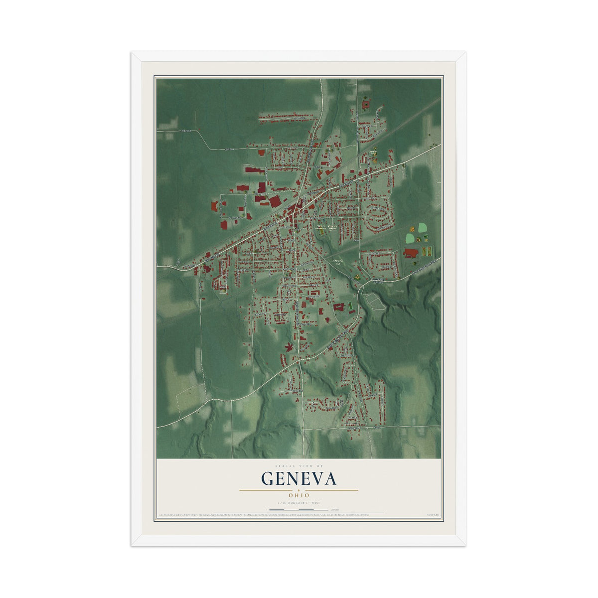 Map of Geneva, Ohio, 12 x 18 inch print in a white wood frame