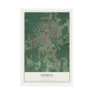 Map of Geneva, Ohio, 12 x 18 inch print in a white wood frame