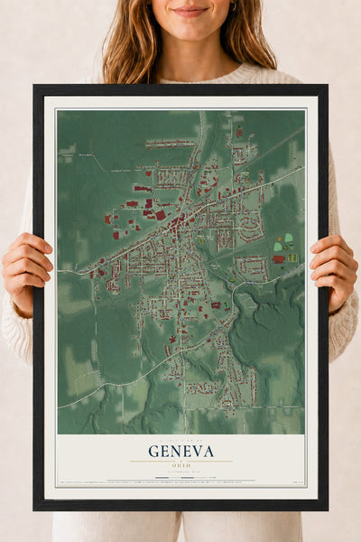 Map of Geneva, Ohio, 18 x 24 inch print in a black wood frame