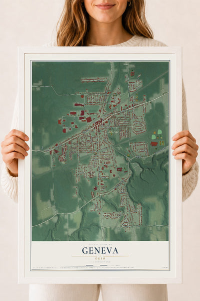 Map of Geneva, Ohio, 18 x 24 inch print in a white wood frame