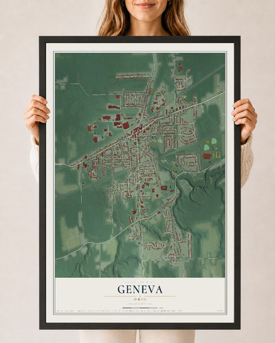 Map of Geneva, Ohio, 24 x 36 inch print in a black wood frame
