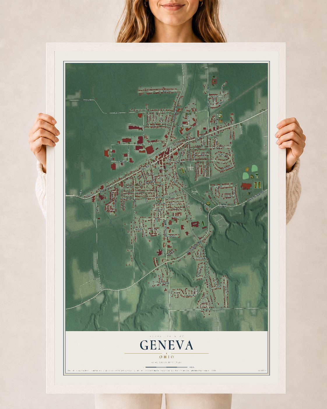 Map of Geneva, Ohio, 24 x 36 inch print in a white wood frame