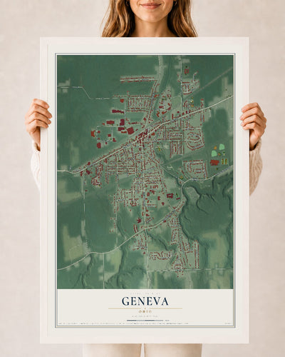 Map of Geneva, Ohio, 24 x 36 inch print in a white wood frame