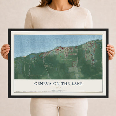 Map of Geneva-on-the-Lake, Ohio, 12 x 18 inch print in a black wood frame