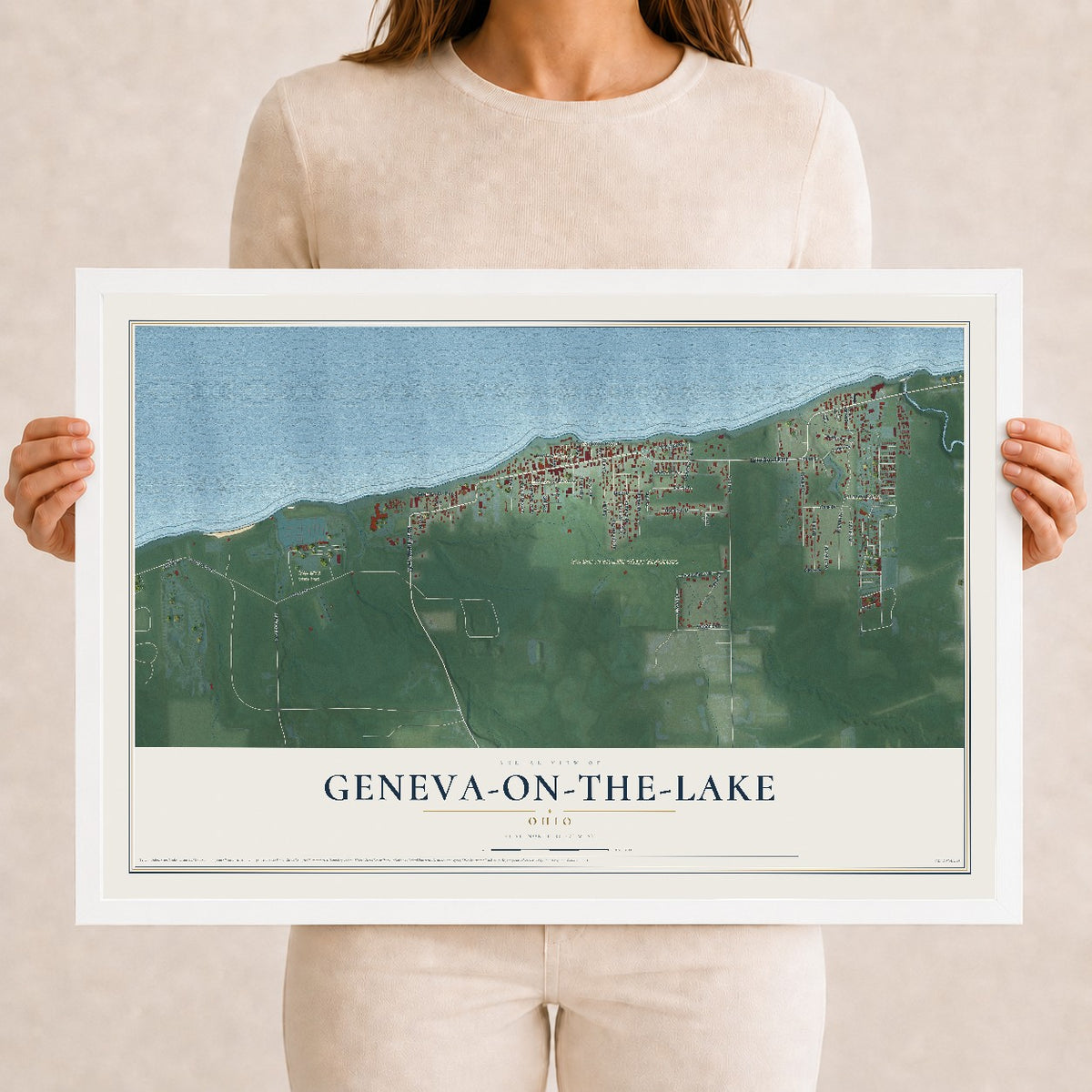 Map of Geneva-on-the-Lake, Ohio, 12 x 18 inch print in a white wood frame