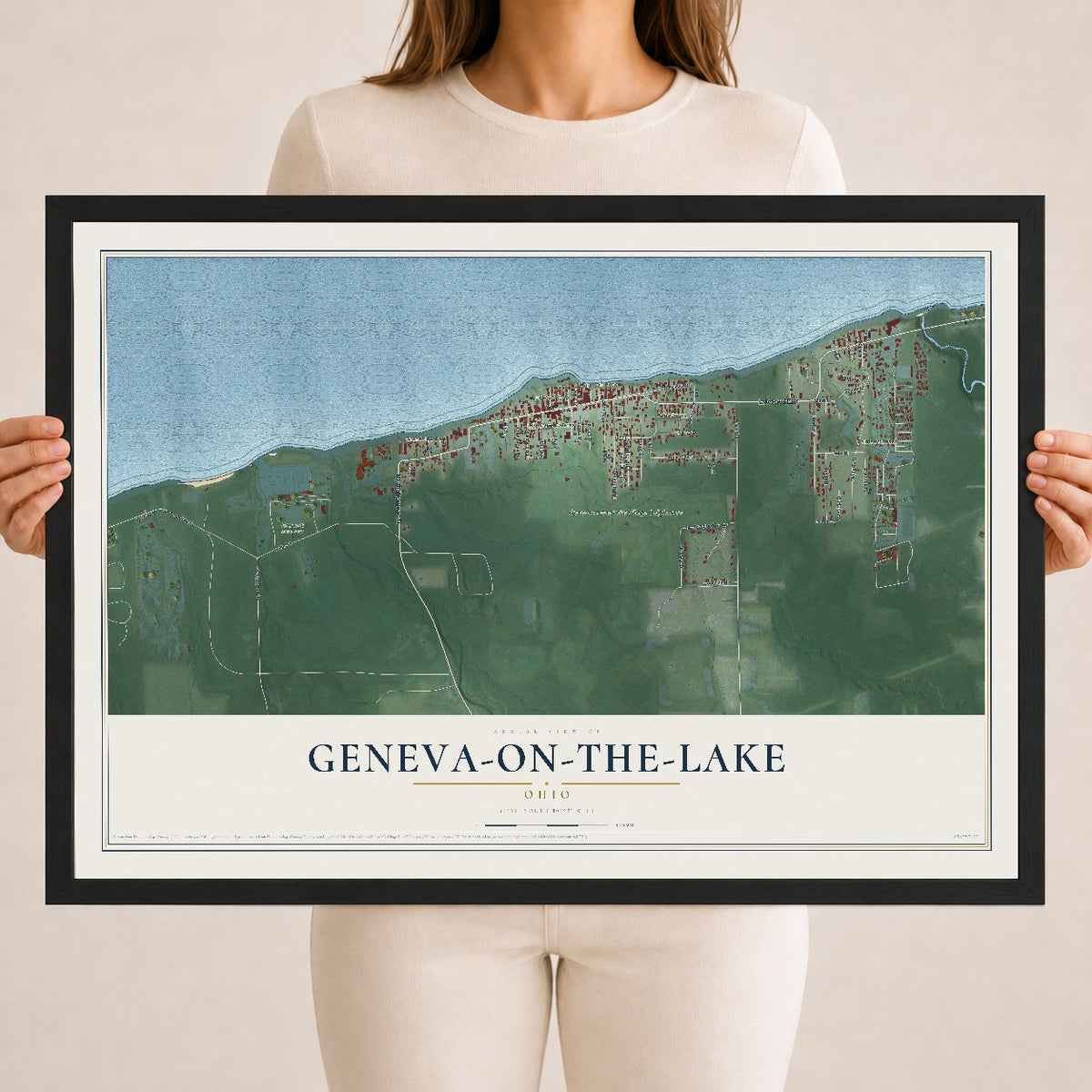 Map of Geneva-on-the-Lake, Ohio, 18 x 24 inch print in a black wood frame