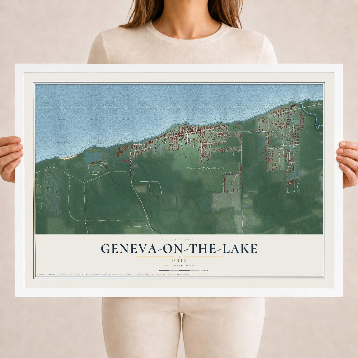 Map of Geneva-on-the-Lake, Ohio, 18 x 24 inch print in a white wood frame
