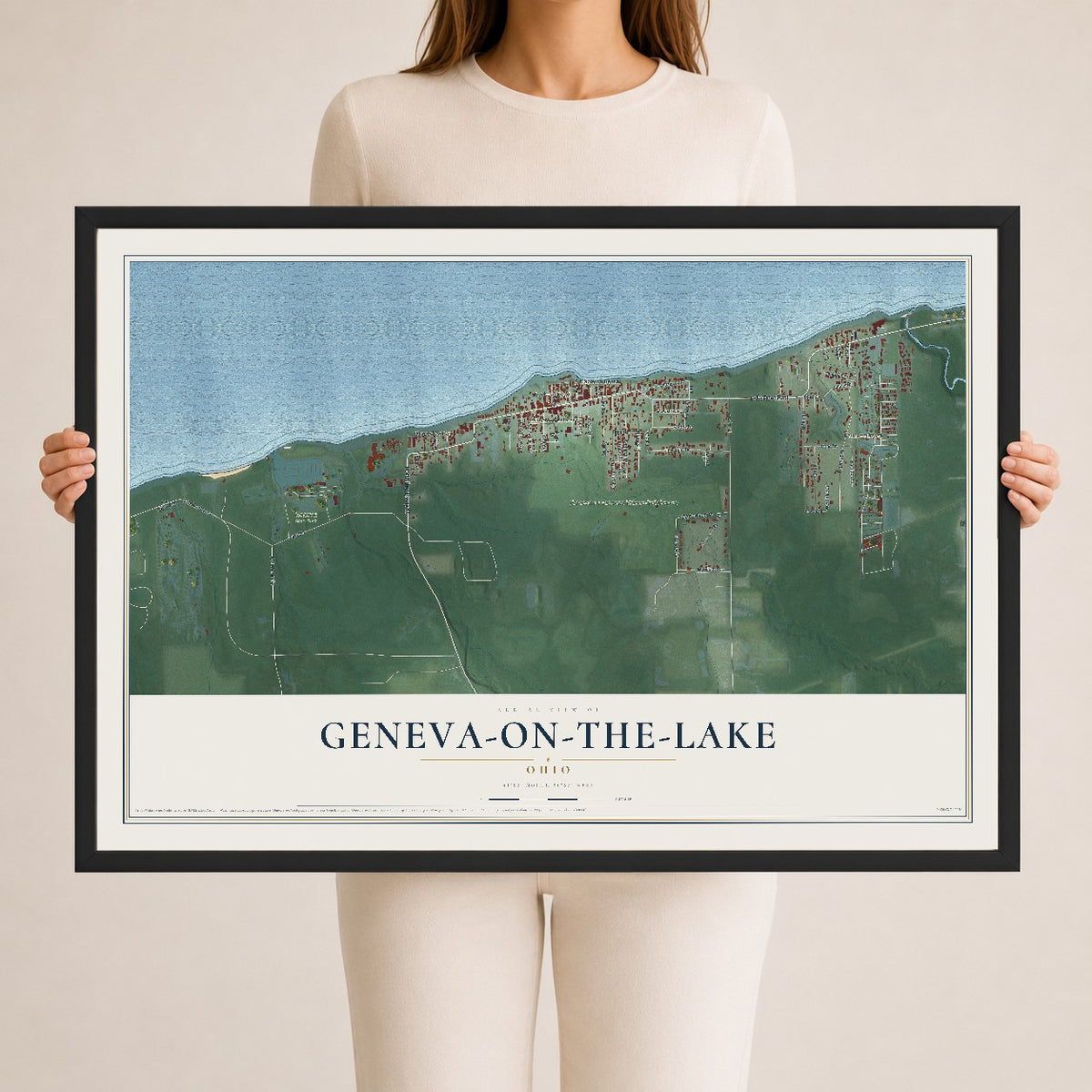 Map of Geneva-on-the-Lake, Ohio, 24 x 36 inch print in a black wood frame