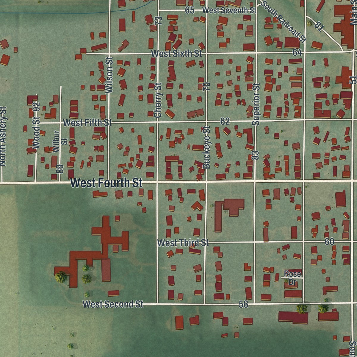 Close-up of the map of Genoa, Ohio print showing street and building detail