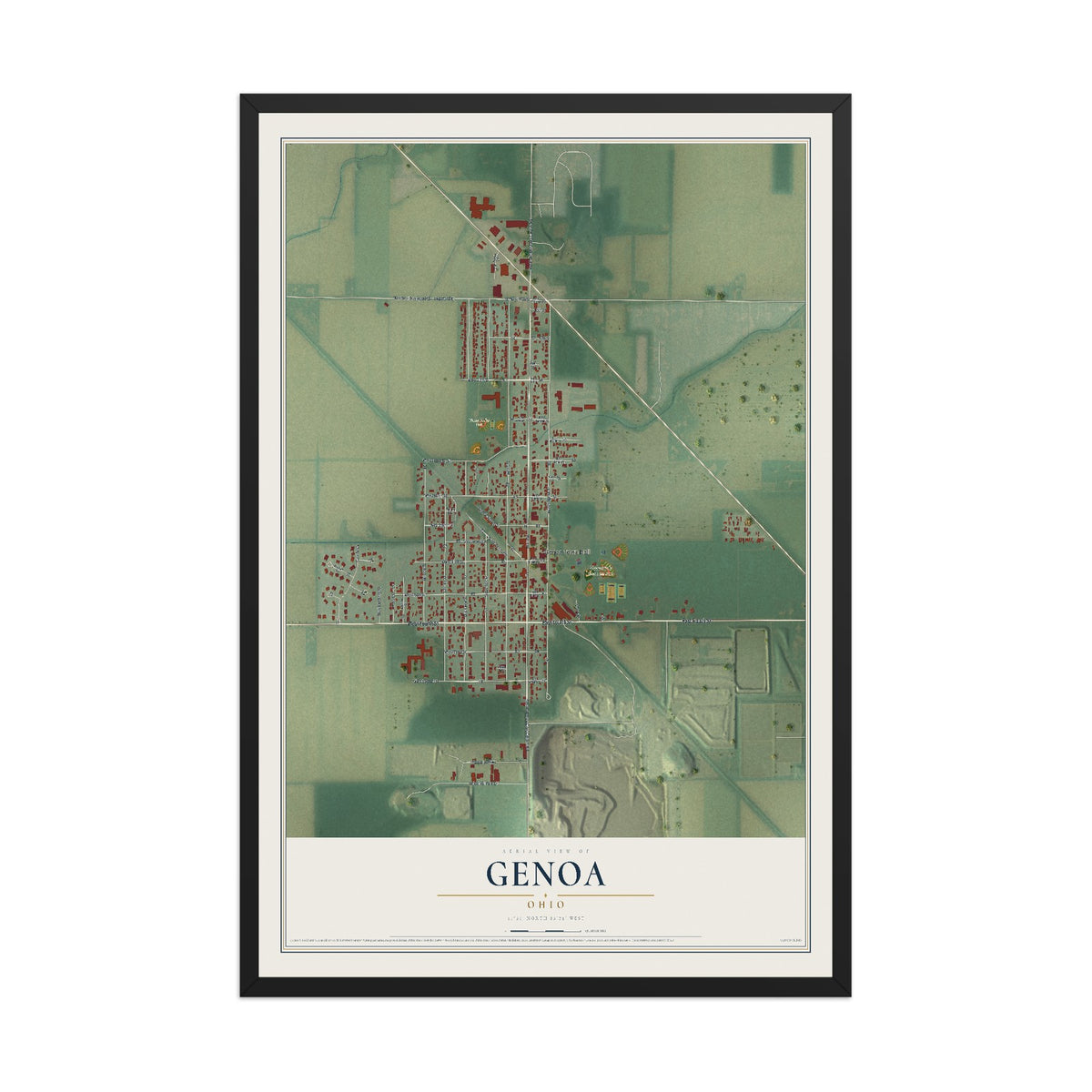 Map of Genoa, Ohio, 12 x 18 inch print in a black wood frame