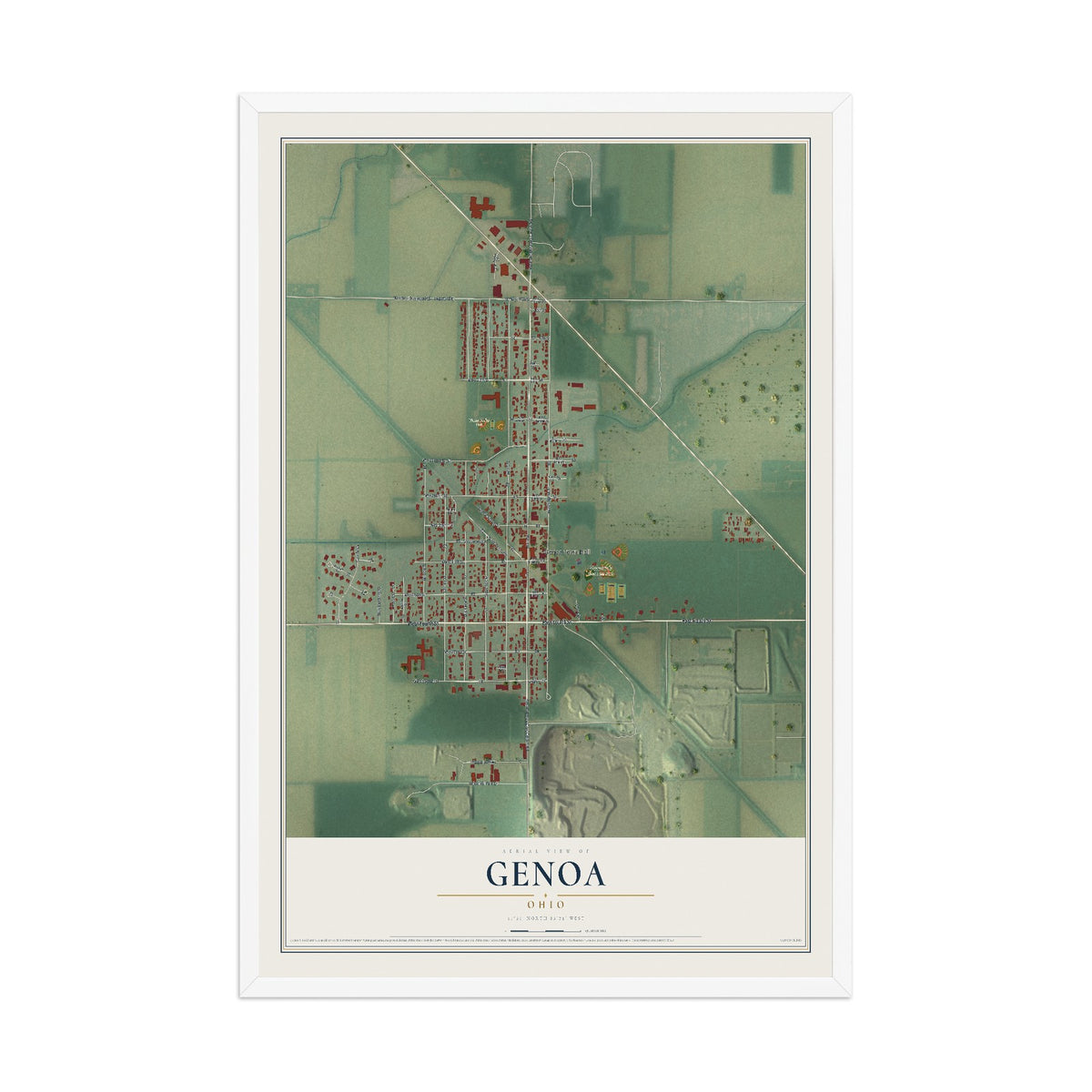 Map of Genoa, Ohio, 12 x 18 inch print in a white wood frame