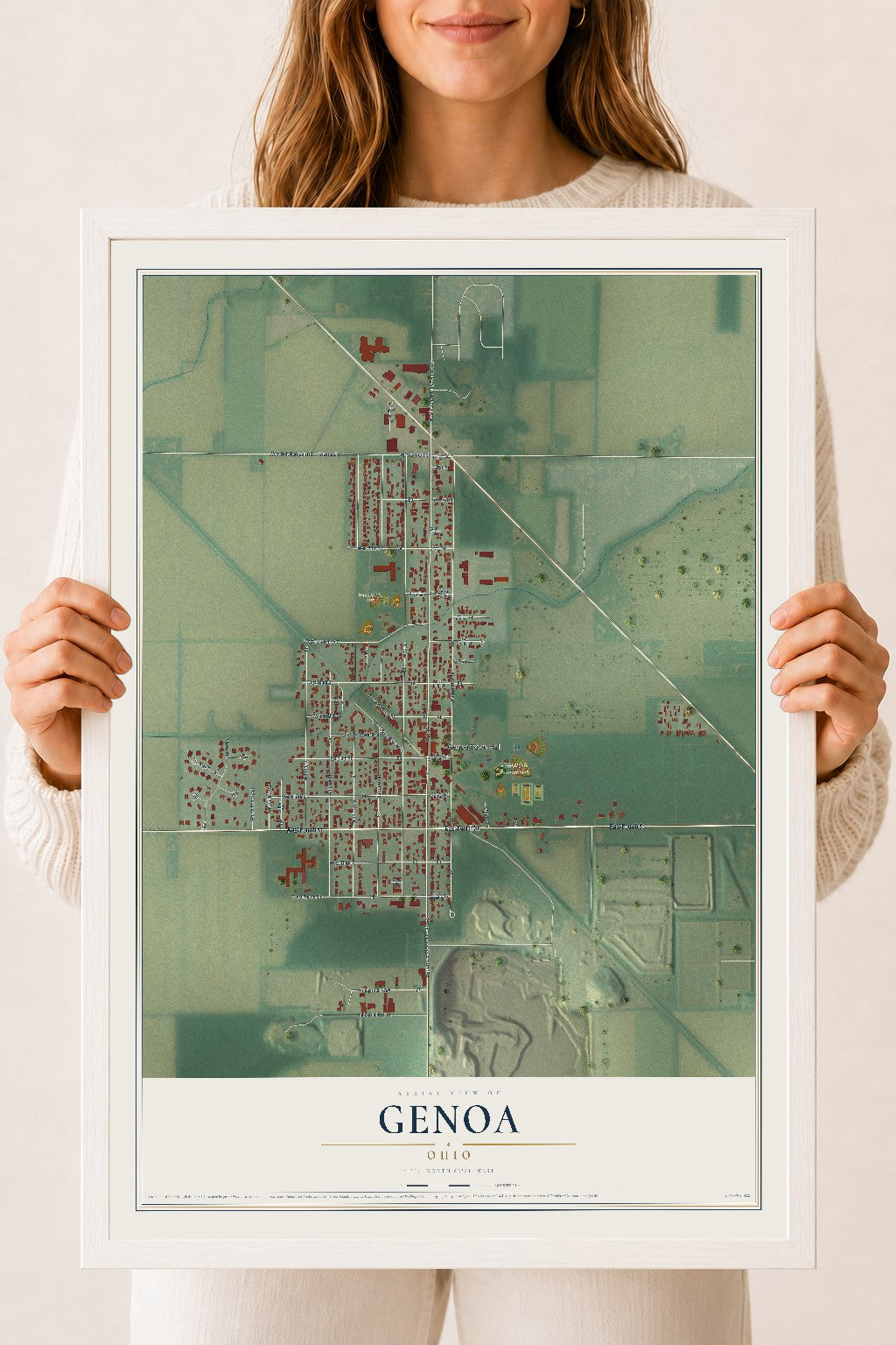Map of Genoa, Ohio, 18 x 24 inch print in a white wood frame