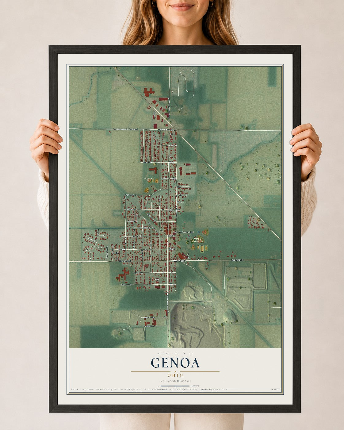 Map of Genoa, Ohio, 24 x 36 inch print in a black wood frame