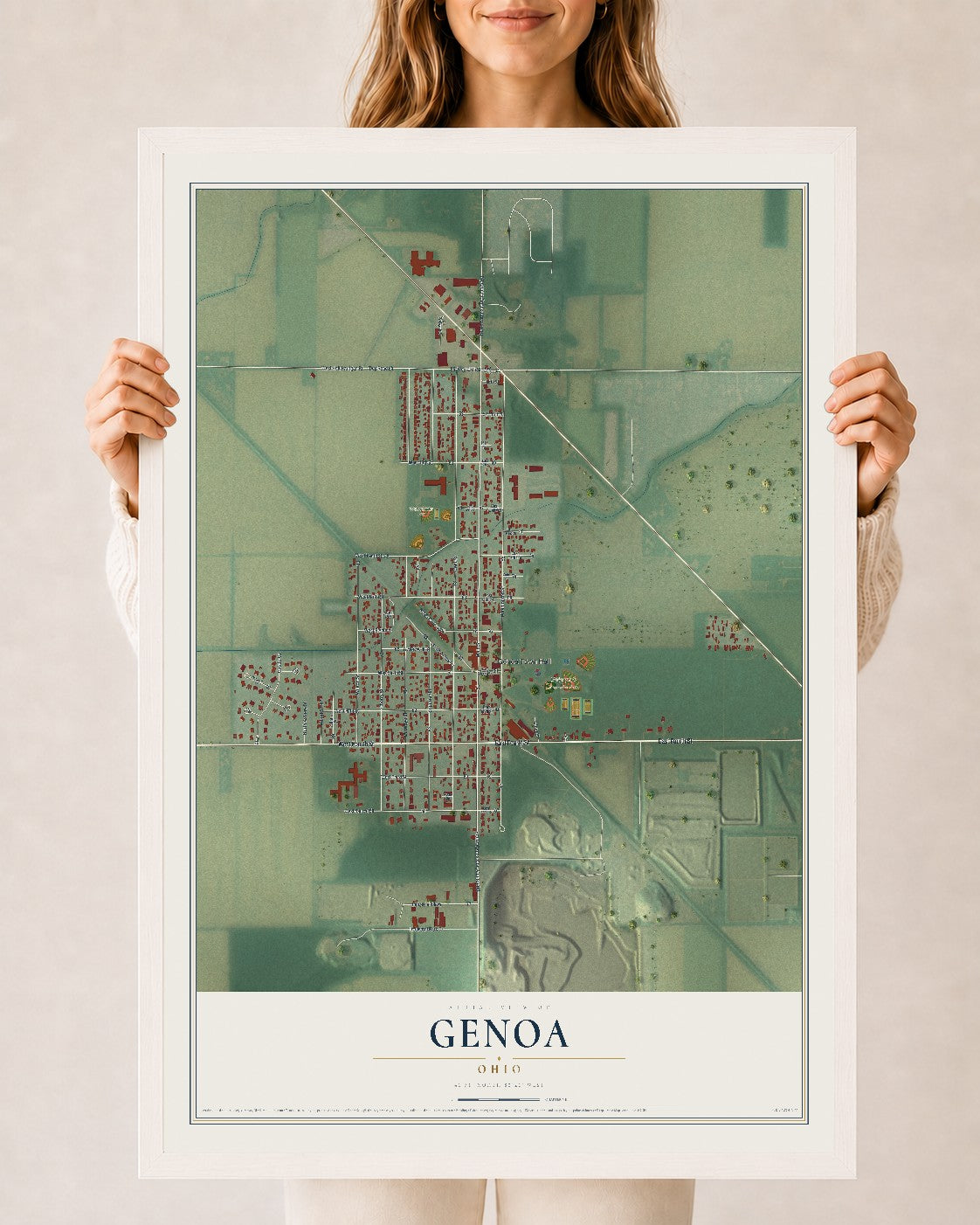 Map of Genoa, Ohio, 24 x 36 inch print in a white wood frame