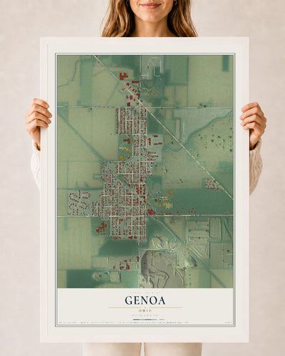 Map of Genoa, Ohio, 24 x 36 inch print in a white wood frame
