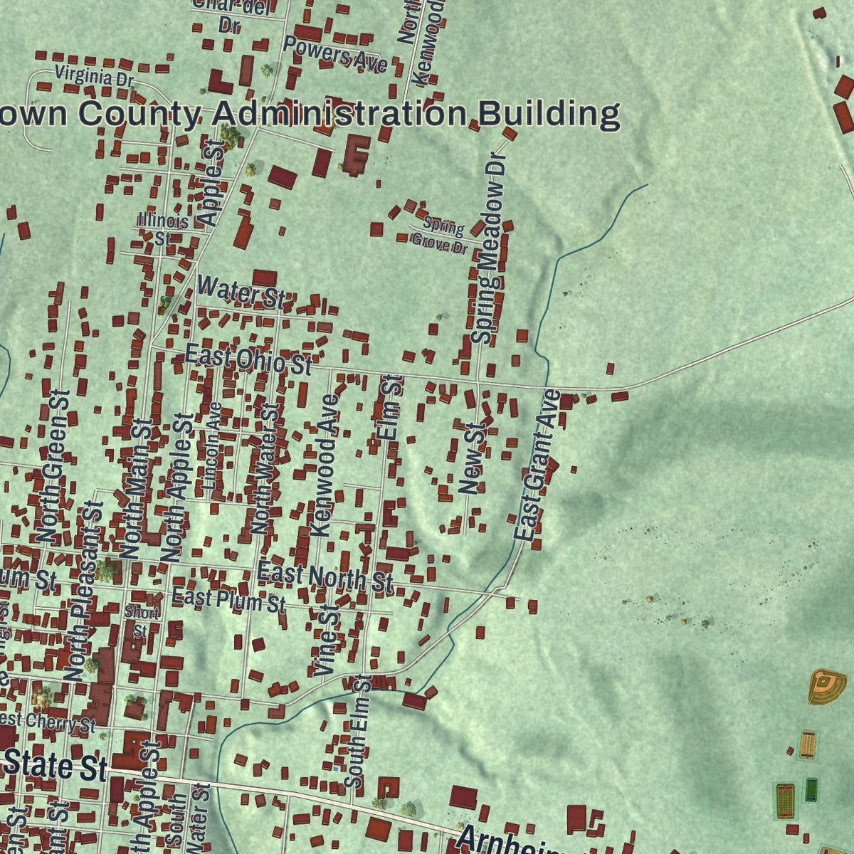 Close-up of the map of Georgetown, Ohio print showing street and building detail